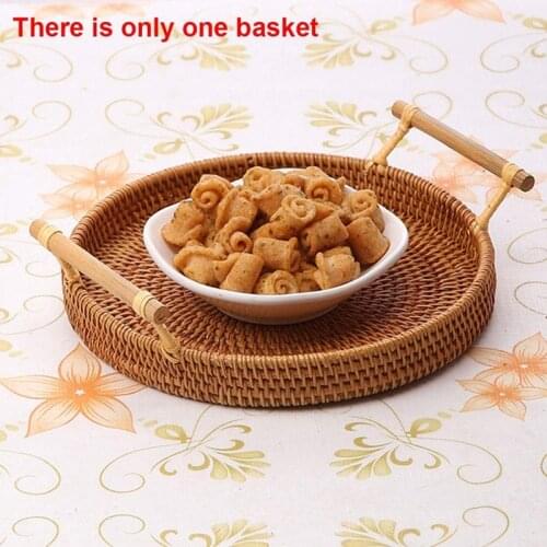 Rattan Storage Tray, Round Basket with Handle, Hand-Woven, Rattan Tray Wicker Basket Bread Fruit Food Breakfast Display L