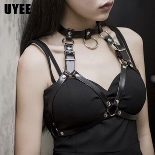UYEE Gothic Women Belt PU Leather Chest Harness Green Pink Style Underwear Bondage Sexy Body Harness Clubwear Bra Cage Bdsm Belt