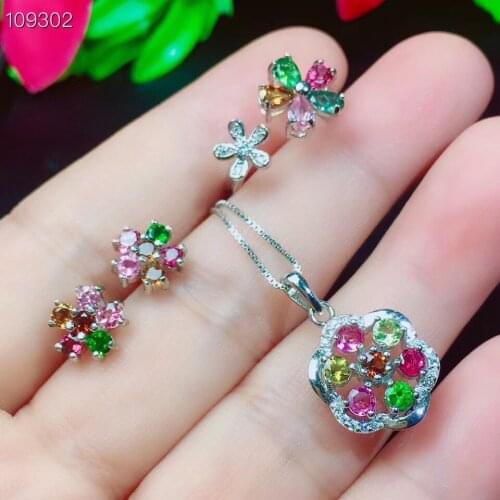 Anniversary Best Gift Natural And Real Tourmaline Jewelry set 925 sterling silver 1pc Ring,1pc Pendant,2pcs Earring