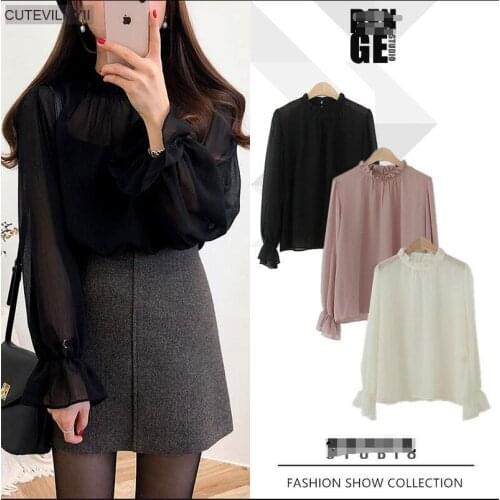 Autumn Spring New Korean Chiffon Shirt Women Solid Sweet Loose Long Sleeve Women Blouse Tops Blusas