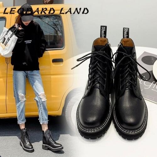 LEOPARD LAND 4cm Heels 2019 Martin Boots Female English Style Student Coarse-heeled Knight Black Locomotive Boots JXQ-8062
