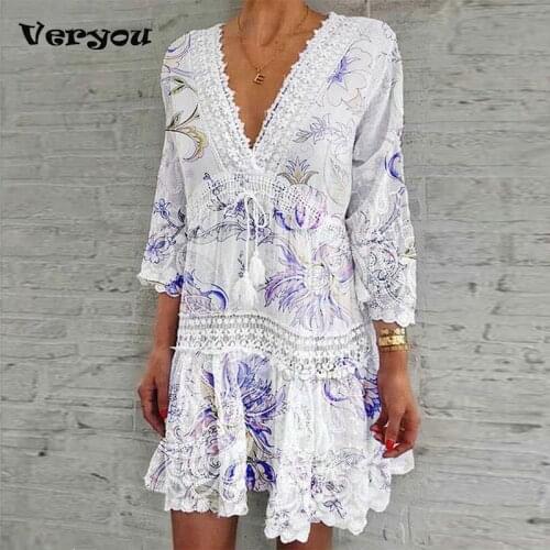 2021 Summer Women V-Neck Floral Print Hollow Out Dress Ladies Three-Quarter Sleeve Dress For Daily Wear Boho Style Ethnic Dress