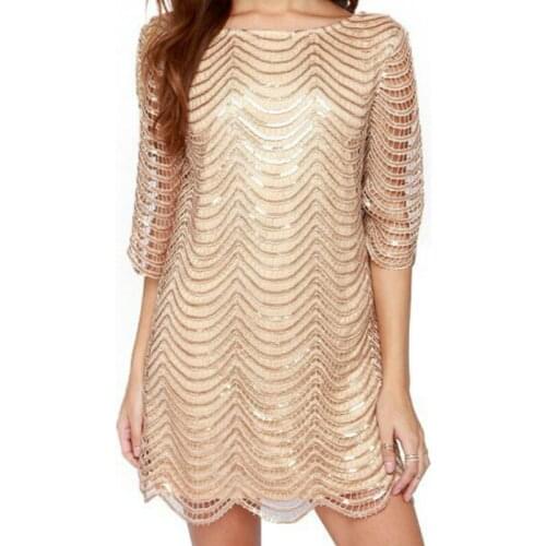 New golden sparkle loose Women Sequined dress Plus size o- neck Half sleeve women gold sequins dresses party Dress XS-XXL