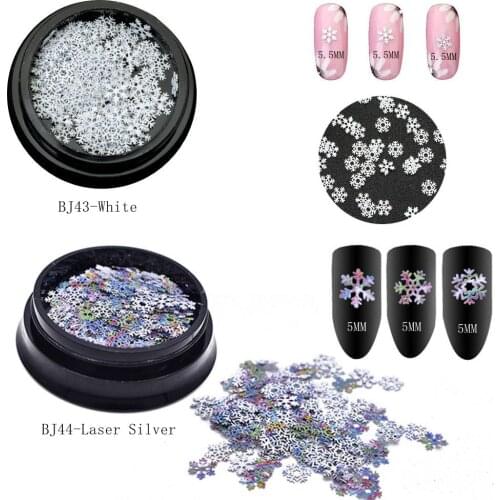 1Jar Metal Non-adhesive Sticker Mixed White and Laser Silver Snowflake Hard Metal Sticker in Jars BJ43/44