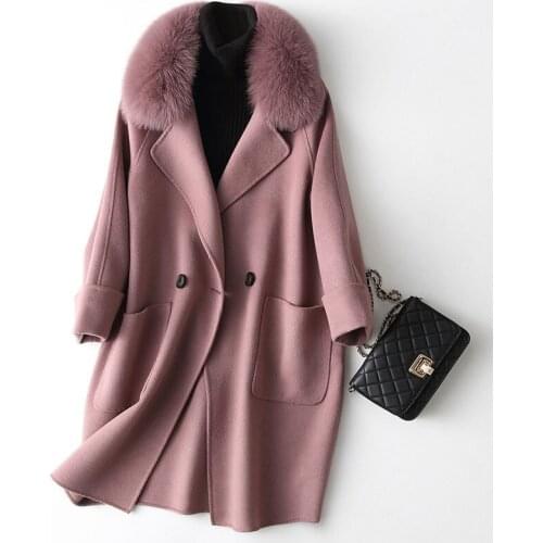 2020 Fashion 100% Wool Coat Female Handmade Double Wool Coats Medium Winter Jacket Women Natural Fox Fur Collar WYQ1143