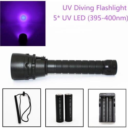 25W Ultraviolet Lantern 5000LM 5 x UV LED Purple Light Underwater 100M Diving Flashlight Aluminum Torch (395-400nm) for Hunting
