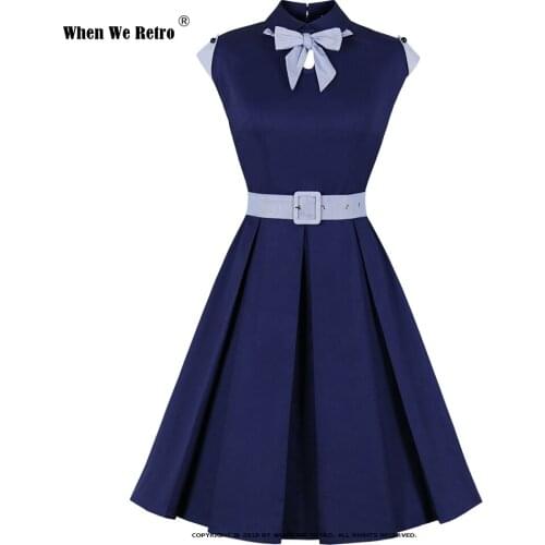 50s 60s Hepburn Style Elegant Vintage Dress with Belt VD2055 Patchwork Tunic Vestidos Summer Cotton Navy Blue Women Dress