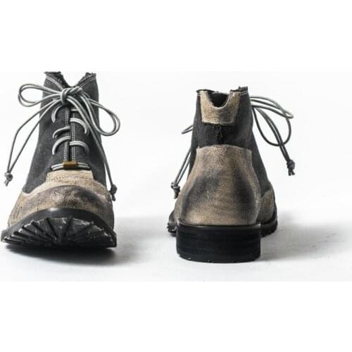 Vintage Patchwork Cowhide Shoes Men Luxury Designer Lace Up Work Ankle Boots Retro Genuine Leather Flat With Motorcycle Boots