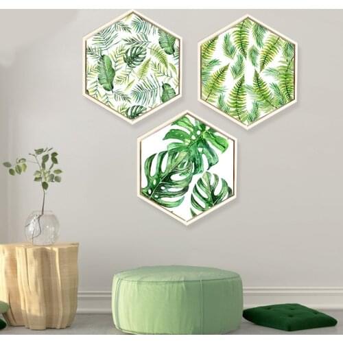 Hexagonal Decorative Painting Nordic Hanging Canvas Painting Living Room Porch Fresco Green Leaf Creative Modern Simplicity