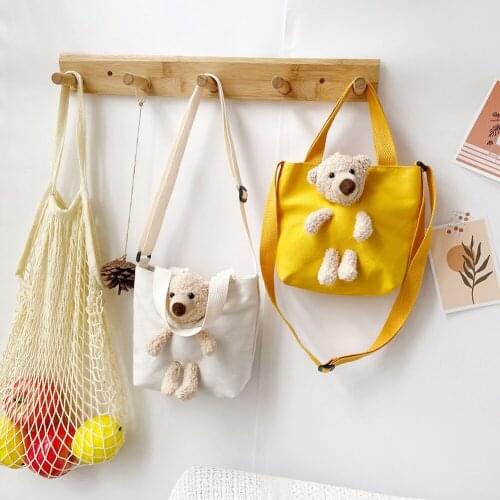 Kids Cute Bear Doll Shoulder Crossbody Bag Children Casual Canvas Shoulder Tote Handbags Portable Daily Travel Top-Handle Purse