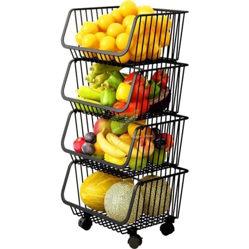 Kitchen Shelf Vegetable Basket Movable Floor Multi-layer Steel Dish Rack Storage Supplies Rack Freely Stackable with Wheels