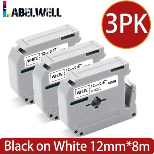 Labelwell 3pcs M-K231 MK-231 MK231 Black on White Compatible for Brother MK 231 P-touch Printer PT-80 PT-70 PT-60 PT-45M PT-100