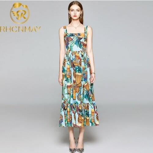 Fashion Runway Summer Beach Holiday Spaghetti Strap Long Dresses Womens Vintage Pattern Print Ruffles Dress 2020 New