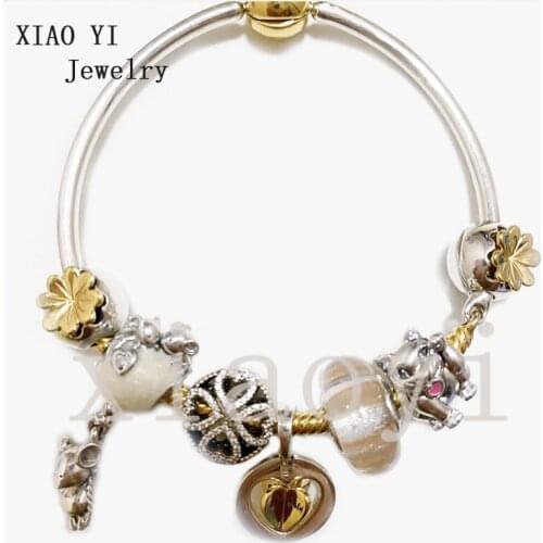 XIAOYI 2020 new 100% s925 Yellow flower rotating Love Lucky leaf white glass mouse cat fashion DIY Bracelet Valentines Day gift