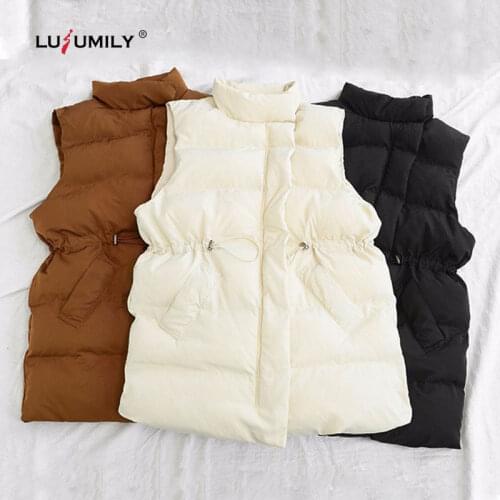 Lusumily New Arrivals Fashion Winter Vest Warm Long Sleeveless Jacekt Korean Style Down Cotton Vests Waistcoat Gilet Femme