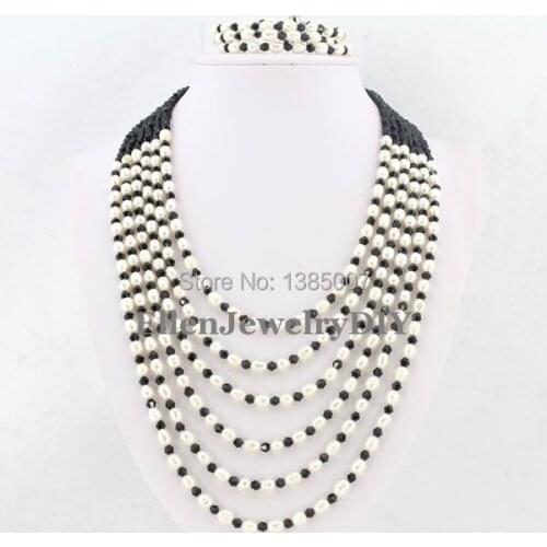 Charming 6 Rows Freshwater Pearl Jewelry Set Pearl Necklace Wedding Gift Crystal Necklace Wedding Gift Bridesmaid Necklace