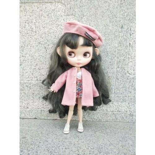 Blythes 1/6 size doll clothing goes with a stylish pink tweed coat + white bodice + floral skirt + pink beret doll accessories