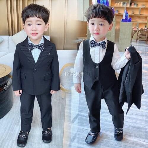 Formal Boys' Suits Set 2021 Spring Children Tuxedo Vest Pants 3pcs Clothing Set Kids Wedding Party Piano Performance Costume