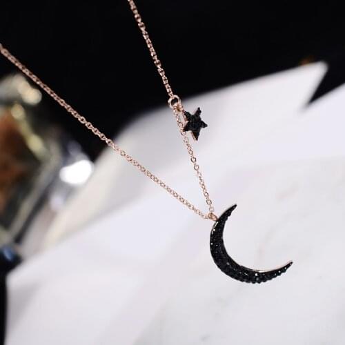 YUN RUO Rose Gold Color Black Crystal Moon Pendant Necklace Titanium Steel Jewelry Woman Christmas Gift Never Fade Drop Shipping