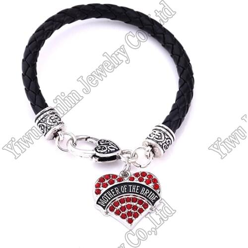 Mother of the bride Heart leather Bracelet Crystal Hearts Metal Dancing Art Lobster Claw Bracelets