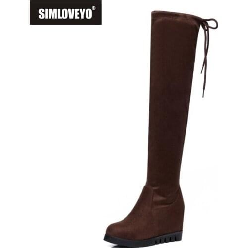 SIMLOVEYO 2021 Over The Knee Boots Flock Party Platforms Lace Up Internal Increase Flat Heel Wedges US12 Black Red Brown A4476