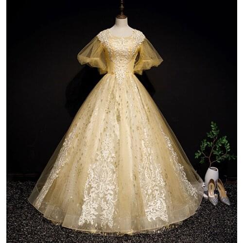 Light golden princess belle court embroidery bead ball gown fairy fancy ball gown Medieval Gown Victorian Ball stage performance