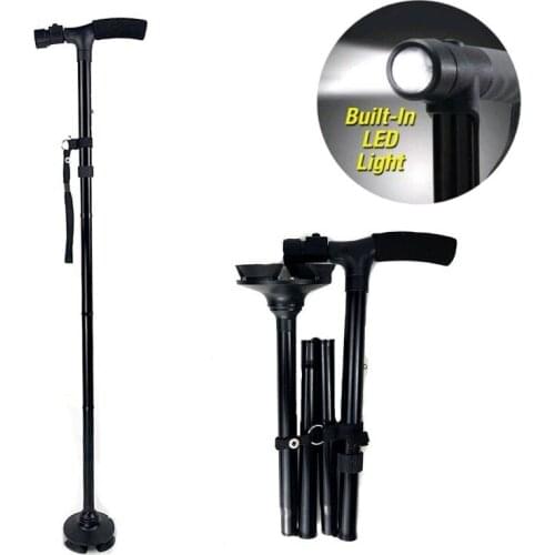 LED Light Safety Walking Stick For Old Man Folding Trekking Poles T-handle Hiking Poles Cane Walking Stick For Elders Crutch