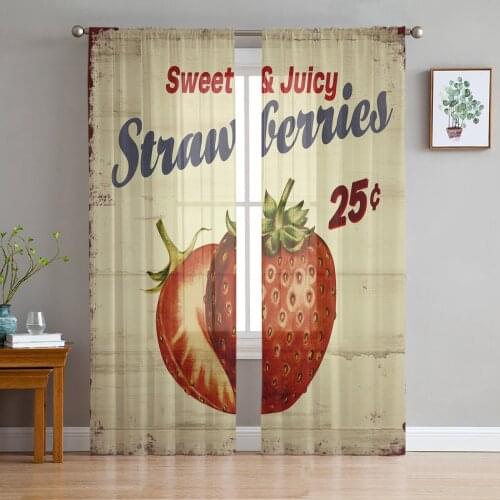 Fruit Strawberry Wood Grain Retro Tulle Curtain Voile Transparent Tulle for Bedroom Living Room Kitchen Sheer Window Curtains