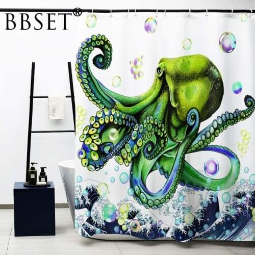 Octopus Shower Curtain Big Green Octopus In The Ocean Pattern Waterproof Multi-size Cortina De Bano Bathroom Decor with 12 Hooks