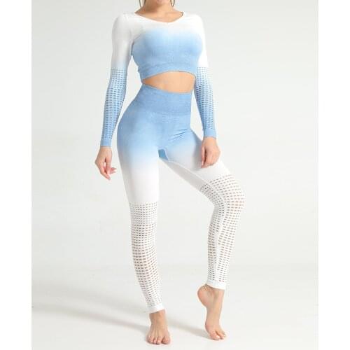 Women Breathable Gym Clothes Fitness Clothing Ombre Seamless Leggings+Sports Bra 2 Piece Running Sport Wear Yoga Set