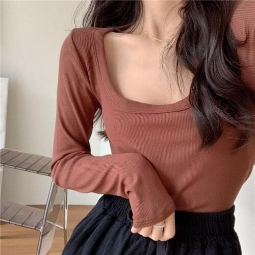 Long Sleeve O-Neck T-Shirt Women Cotton Casual Solid Women T-Shirt Tight Slim Sexy Low-Cup Female Bottoming Tees Top