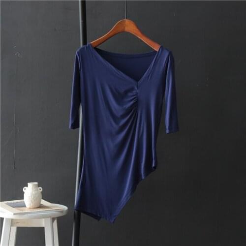 Irregular modal women t-shirts 2020 summer new v-neck pleated solid slim office lady elegant pulls tops tees