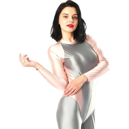 Womens solid color round neck long sleeve stitching Japanese one-piece tights High-cut Sexy shiny fashion Yoga dance tights
