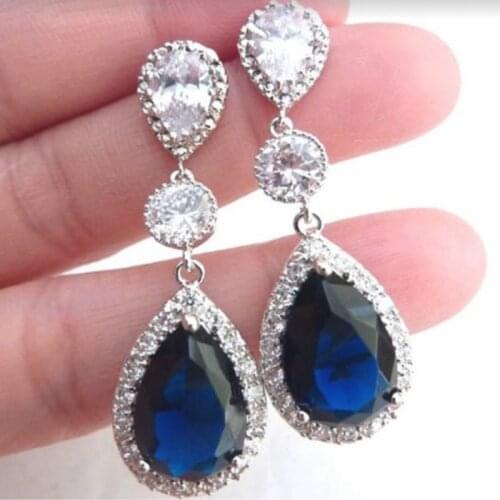 Hot Sale Blue White Water Drop Shaped Crystal Rhinestone Zircon Metal Dangle Earring for Women Party Jewelry