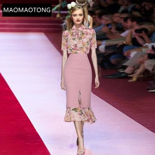 Fashion Runway Summer Slim Skirts Suit Women Short sleeve Printed Tops+Pinks Floral Slim Mermaid Skirts Two piece Set