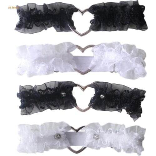 Women Girls Lolita Sweet Ruffled Lace Garter Belt Metal Heart Wedding Leg Harness Gothic Punk Kawaii Stretchy Thigh Ring