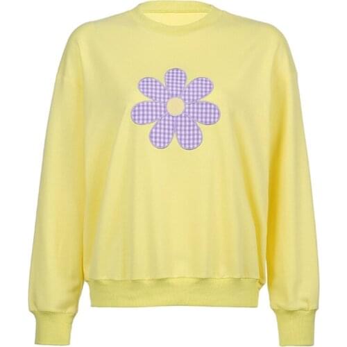 Women Long Sleeve Sweatshirt Harajuku Plaid Floral Embroidery Crewneck Pullover Tops Oversized Loose Shirts Streetwear