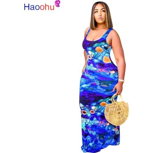 HAOOHU Women New Striped Tie Dye Print Sleeveless Bodycon Midi Maxi Tank Tee Dress Fashion Classic Beach Holiday Long Dresses