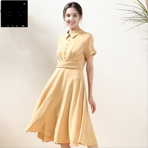 2021 Spring Summer Womens New Fashion Yellow Color Dress Button-decorated Dresses Solid Color slim-fit pleated Midi Skirt
