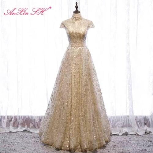 AnXin SH princess golden lace evening Dress vintage high neck sparkly short sleeve gold powder bride lace up evening dress