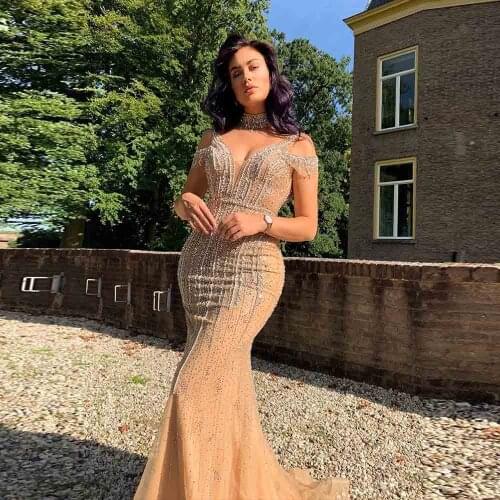 Sexy Nude V Neck Sequined Beaded Evening Dress 2020 Long Formal Evening Gown Backless Mermaid Women Party Dress