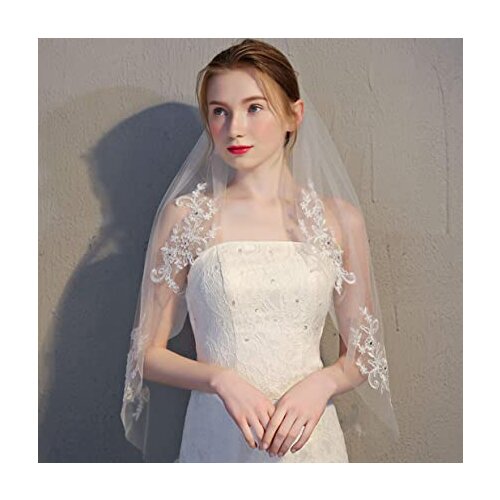 1T Fingertip Length Lace Veil Wedding Veil With Comb for Bride Embroidered Veil Wedding Headpiece for Women and Girls