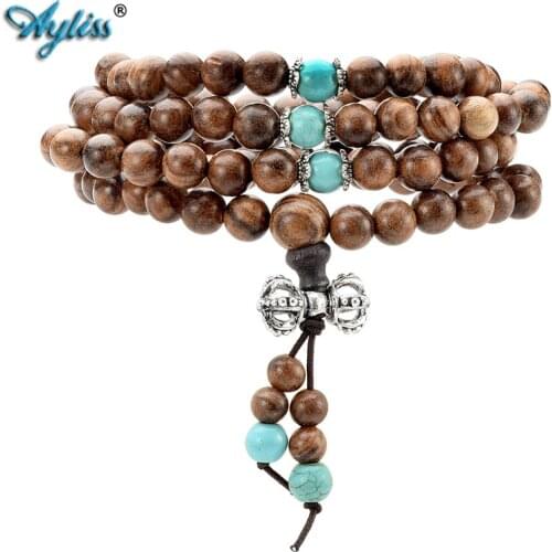 Ayliss High Quality 8mm Natural Wood Buddha Buddhist Prayer Mala Beads 4-Row Bracelet Necklace 1pc Long Wood Bracelet Jewelry