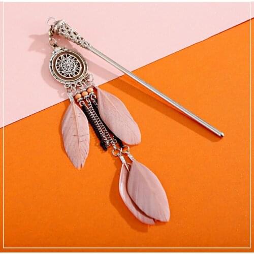 Bead Feather Chain Hairpins For Hair Accessories Jewelry Boho Round Hollow Out Fashion Hair Sticks Handmade Gift Woman Headdress