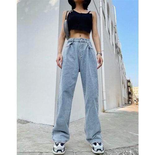 Spring and autumn new style casual solid color pleated low-waist jeans women, pure cotton washed water thinner wide-leg jeans