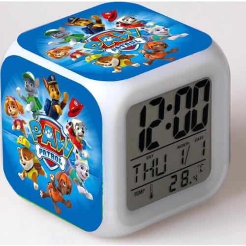New Paw Patrol figure Luminous LED Colorful Flash Alarm Clock Desk Light With Temperature Action Toy For Children Birthday Gift