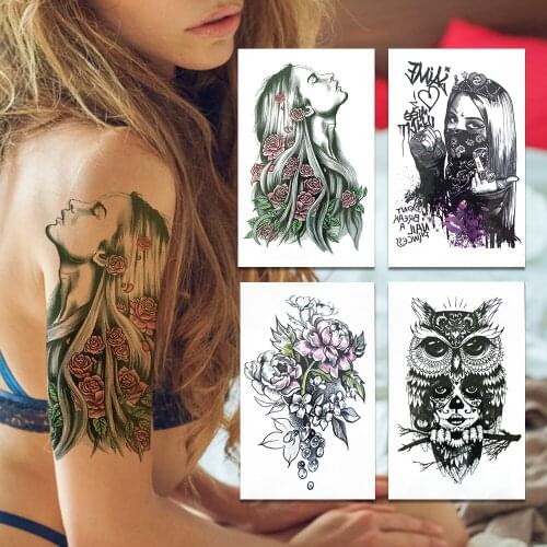 Harajuku Fake Temporary Tattoos For Women Men Watercolor 3D Gangster Tattoo Sticker Peony Rose Flower Owl Branch Tatoo Body Arms