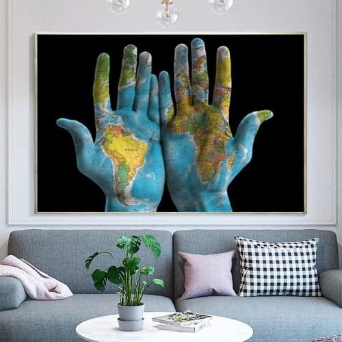 Creative World Map on Hands Posters and Prints Wall Art Pictures Canvas Painting for Living Room Home Decoration Cuadros