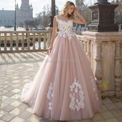 Luxurious Ball Gown Wedding Dresses Short Sleeves Lace Appliques Tulle Princess Bridal Gowns 2021 Duty Pink Vestidos De Novia