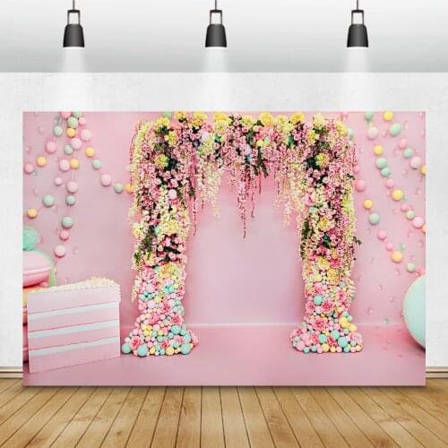 Laeacco Baby Shower Newborn Birthday Backdrops Photozone Photocall Pink Wall Balloons Cake Donut Flowers Photography Backgrounds